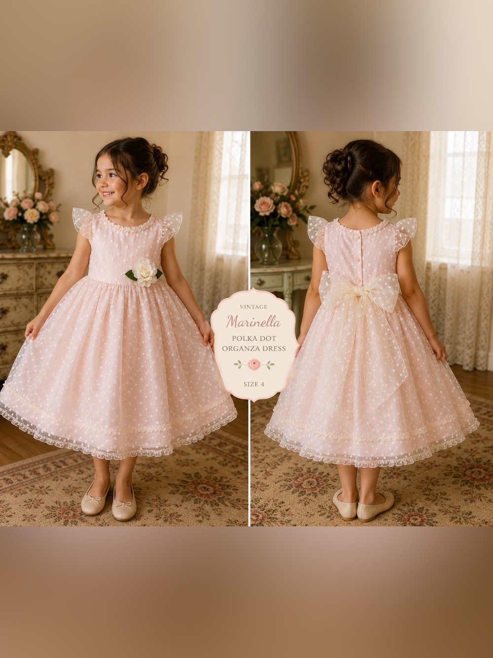 4T - MARMELLATA -Vintage 80s Girls Pink Polka Dot Organza Party Dress Floral Bow